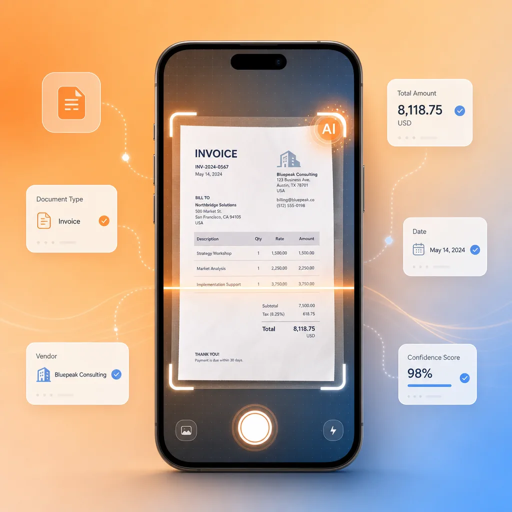 Capture workflow preview showing uploaded invoices and pending review items.
